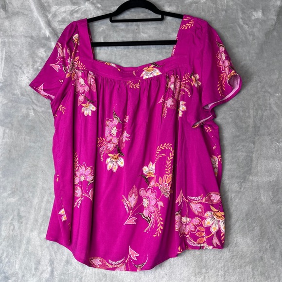 Torrid Women  Blouse Top Small Magenta Floral Square Neck Flutter SleeveSize - Picture 2 of 9